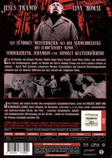 Illustration: Ein Mann in einem Mantel steht vor einem roten, bedrohlichen Hintergrund. Texte betonen Schock und Skandal.