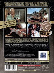 Text: "WILDER MIX AUS ABENTEUER, TIERHORROR UND ÖKO-RACHETRIP...ERSTMALS IN 4K HDR 10", "ERSTMALS UNCUT IN DEUTSCHLAND!"

Beschreibung: Vier Film-Szenen mit tropischem Setting und dramatischen Momenten.