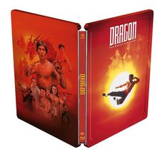 "DRAGON: The Bruce Lee Story" in großen Buchstaben, Illustration mit Kampfszenen und Drache, dominante Rot- und Gelbtöne.