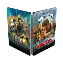 "Jean-Claude Van Damme", "Knock Off". Illustrationen von Action, Explosionen, rennende und kämpfende Figuren.