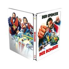 Text: "BUD SPENCER", "DER BOMBER". Illustration von zwei Männern, einer mit erhobener Faust, vor einem bunten Auto.