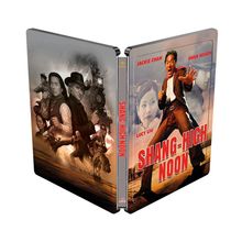 "SHANG-HIGH NOON" in roten Buchstaben, mit Jackie Chan, Owen Wilson, Lucy Liu. Western-Szenen und dynamische Posen.