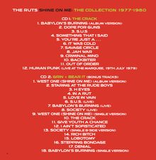 Es ist eine Titelliste einer Musiksammlung von "The Ruts" mit zwei CDs, "The Crack" und "Grin + Bear It".