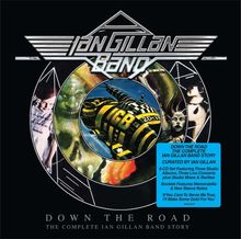Textblock: "DOWN THE ROAD THE COMPLETE IAN GILLAN BAND STORY." CD-Set mit Alben und Konzerten, illustriertes Cover mit Sci-Fi-Motiv.