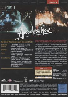 "Apocalypse Now Redux" in weiß auf schwarzem Hintergrund. Vietnam-Kriegsthema. DVD-Details und Bonusmaterial beschrieben.