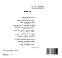 "DERYA TÜRKAN, MURAT AYDEMİR, Ahenk / 3. Trackliste mit Titeln und Zeitangaben, Gesamtzeit 52:30. Barcode unten."