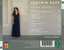 "Joachim Raff Piano Works" und darunter eine Titelliste. Frau in blauem Kleid steht links. Da Vinci Classics Logo unten rechts.