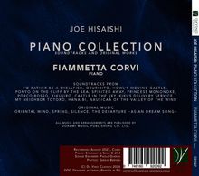 Text: "JOE HISAISHI PIANO COLLECTION", "FIAMMETTA CORVI", Liste von Soundtracks und Originalmusik. Links ein Logo.