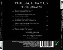 "The Bach Family: Flute Sonatas." Aufgelistet sind Werke von Johann Sebastian, Wilhelm Friedemann, Carl Philipp Emanuel, Johann Christoph Friedrich und Johann Christian Bach. Interpreten: Angelo Patamia (Flöte), Francesco Maria Mattacchione (Cello), Riccardo Tiberia (Cembalo). RVnr. und Spielzeiten sind hinzugefügt.