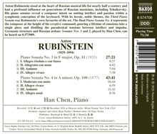 Texte:  
Anton RUBINSTEIN (1829–1894), Piano Sonata No. 3, Op. 41, No. 4, Op. 100. Han Chen, Piano, 71:34 Spielzeit.  
Beschreibung:  
Detailreiche CD-Hülle mit Infos zu Musikstücken und Künstler.