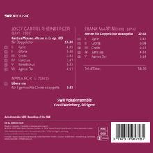 Beschreibung eines Musikalbums: Werke von Rheinberger und Martin, u.a. "Cantus Missae" und "Messe für Doppelchor". Total: 58:20.