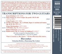 Texte: "TRANSCRIPTIONS FOR TWO GUITARS", "Franz Schubert", "César Franck", "Sergey Rachmaninov", "Robert Schumann", "Bluvenduo", "Sebastian Robles", "Zhanxiang Shi", "NAXOS".  
Es handelt sich um ein CD-Cover.