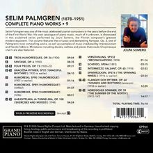 "SELIM PALMGREN (1878–1951) COMPLETE PIANO WORKS • 9", darunter eine Liste von Klavierstücken und deren Dauer. Rechts ist ein Mann abgebildet, Jouni Somero. In der Ecke ein "Grand Piano" Logo.
