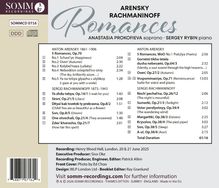 SOMMCD 0716, Arensky Rachmaninoff Romances, Anastasia Prokofieva, Sergey Rybin, 61:16. Trackliste mit Titeln und Zeiten.