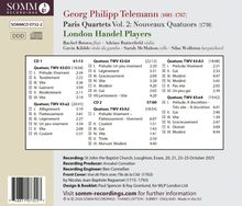 CD mit Telemanns "Paris Quartets Vol. 2" von den London Handel Players. Liste mit Stücken und Details zur Aufnahme.