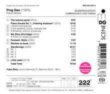 CD mit Klavierwerken von Ping Gao, aufgeführt von Yubo Zhou. Enthält zwölf Titel, Gesamtzeit: 79:59.