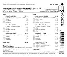 Texte: Wolfgang Amadeus Mozart (1756–1791), Complete Piano Trios, CD 1 & 2 mit Titeln und Zeiten.  
Logo: MDG.