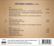 Der Name "Pēteris Vasks" und sein Geburtsjahr 1946 stehen oben. Darunter sind drei CDs mit Symphonien und Konzerten aufgelistet. Links unten ist das Ondine-Logo zu sehen.