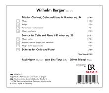 Texte: Wilhelm Berger, Trio for Clarinet, Cello and Piano in G minor op. 94, Sonata for Cello and Piano in D minor op. 28, Scherzo for Cello and Piano.

Unten: Paul Meyer, Wen-Sinn Yang, Oliver Triendl.

Links unten: cpo, Lübecker Straße 9, Georgsmarienhütte.

Rechts: Logo mit "BR KLASSIK".

Gestaltung: Schlichter Hintergrund, zentrierte Texte oben, zwei Spalten mit Abschnittstiteln und Zeiten, Namensnennungen unten.