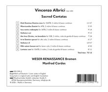 Vincenzo Albrici "Sacred Cantatas", mit Titelliste wie "Dixit Dominus" und Gesamtdauer von 72'12. Weser-Renaissance Bremen.