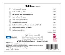 CD-Rückseite mit Informationen zu Mel Bonis' Musikstücken. Enthält Titel, Opusnummern, Zeitdauer und Künstlerdetails.