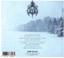 Texte: "Krähenpsalme, Bamberg 20. Juni, Der kleinste König und sein Architekt, von Hypnos und Thanatos, Lethe - Der Fluch des Schaffenden, Knochenesang, The Parting Glass". Oben ist ein detailliertes Logo; unten eine verschneite Waldlandschaft.