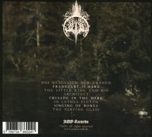 Texte: "DAS KLAGELIED DER KRÄHEN, FRANKFURT, 19. MÄRZ, THE LITTLE KING AND HIS ARCHITECT" etc. Oben ein verziertes Logo.