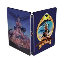 Ein blaues Steelbook mit "The Beastmaster" in gelber Schrift. Links ein Krieger mit Tieren.