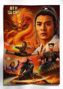 Oben links steht "Jet Li Tai Chi". Ein dramatisches Gemälde mit einem Mann, einem Drachen und kämpfenden Kriegern.
