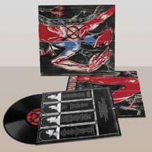 Schwarz-rote Illustration eines stilisierten roten Körpers, schwarzer Vinyl-Schallplatte mit Songtexten und Porträtfotos.