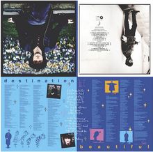 "destination beautiful" in hellem und dunklem Blau geschrieben. Enthält Fotos einer Person, handgeschriebene Notizen.