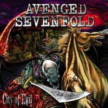 "AVENGED SEVENFOLD", "City of Evil", Illustration eines Skeletts auf einem Pferd in apokalyptischer Szene.
