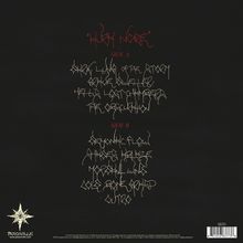 "Hugh Noir" oben, dann Trackliste: Seite A und B, beide in kunstvoller Schrift. Unten links Stern-Logo von "Peaceville".