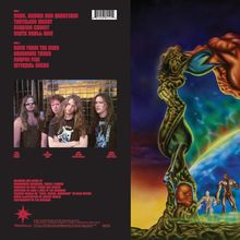 Texte: 
- "HUNG, DRAWN AND QUARTERED"
- "TASTELESS INCEST"
- "BURNING CASKET"
- "DEATH SHALL RISE"
- "BACK FROM THE DEAD"
- "GRUESOME TASKS"
- "CORPSE FIRE"
- "INTERNAL DECAY"

Links ein Foto von vier Männern, rechts eine surreale Illustration.
