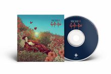 Texte: "SIGH", "Goh-Kai". Eine Person liegt in üppiger Blumenwiese unter blauem Himmel. Kunstvoll und surreal.