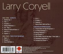 Titel: Larry Coryell. Zwei CDs, "Aspects" und "Two for the Road", 14 Tracks. Schrift auf braunem Hintergrund mit Gesichtern.