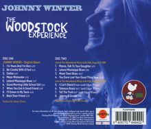 "Johnny Winter: The Woodstock Experience" zeigt zwei Tracklisten und ein Bild von Johnny Winter in Blau mit Logo.