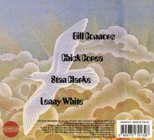 Bill Connors, Chick Corea, Stan Clarke, Lenny White. Ein Vogel fliegt durch einen wolkigen, farbenfrohen Himmel (Illustration).