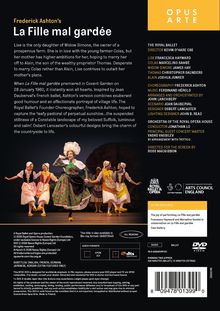 "Frederick Ashton's La Fille mal gardée. Lise is the only daughter of Widow Simone, the owner of a prosperous farm."  
Darunter: Ein farbenfrohes Ballett-Szenenbild mit Tänzern in traditionellen Kostümen.