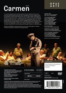 Titel: Carmen. Beschreibung der Handlung und der Figuren. Produktion von Opus Arte. Bild zeigt einen Mann in Uniform auf einer Bühne.