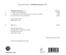 Texts: "WISDOM’s Sources / O’o", "ROGER REYNOLDS", "Total playing time 57:15". Logo: EKKOZONE. White background, black text.