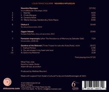 Das Bild zeigt ein Musikprogramm mit dem Titel "NSAMBIA MPUNGUN" von Louis Franz Aguirre. Es enthält mehrere Musikstücke mit Instrumenten wie Viola, Flöte und Akkordeon. Die Gesamtlaufzeit beträgt 57:22 Minuten. Musiker sind Mina Fred, Karolina Leedo und Adam Ørvad. Produziert von Mathias Reumert. Enthält ein Logo von Ekkozone.