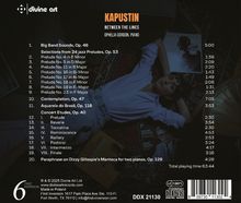 "KAPUSTIN BETWEEN THE LINES OPHELIA GORDON, PIANO" oben. Eine Frau liegt am Boden neben einem Buch und Schallplatten.