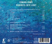 "EDWARD COWIE DARKNESS INTO LIGHT" Trackliste mit Zeiten; Hintergrund: blau-grüne abstrakte Muster.