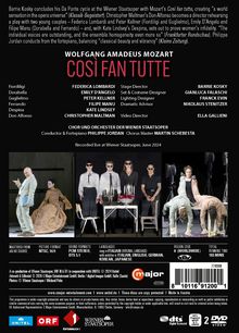 Texte: "Wolfgang Amadeus Mozart Cosi Fan Tutte," unter Regie von Barrie Kosky. Unten: Bühnenfoto aus einer Opernaufführung.