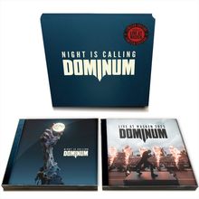Texte: "Night is Calling", "DOMINUM", "Live at Wacken 2025". Zwei Alben, eins mit einer Hand, eins mit Bühne und Feuer.