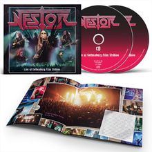 Text: "NESTOR", "Live at Gothenburg Film Studios", und "CD". Cover zeigt eine Band bei einem Live-Auftritt.