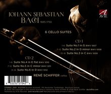 "JOHANN SEBASTIAN BACH 1685-1750, 6 Cello Suites. CD1: Suites 1-3, CD2: Suites 4-6. René Schiffer, Cellos." Auf dunklem Hintergrund mit einem Cello.