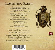 "Lamenting Earth" tracklist mit Stücken von Schubert, Vaughan Williams, Ives, Castillo und Fung. Künstler und Instrumente erwähnt. Links unten Barcode. Rechts unten ist ein Logo. 