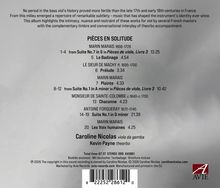 Texte: "PIÈCES EN SOLITUDE", Komponisten wie Marin Marais, Werke und Längen, Caroline Nicolas (Viola da gamba), Kevin Payne (Theorbo). 